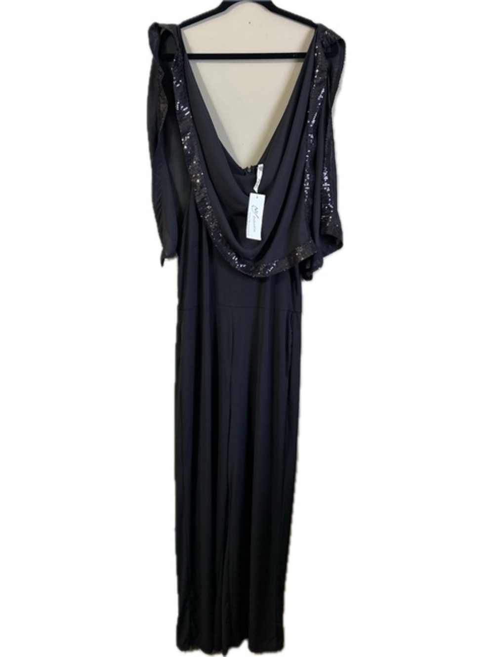 NY Collection Black Sequined Wide Leg Jumpsuit with Draped Back